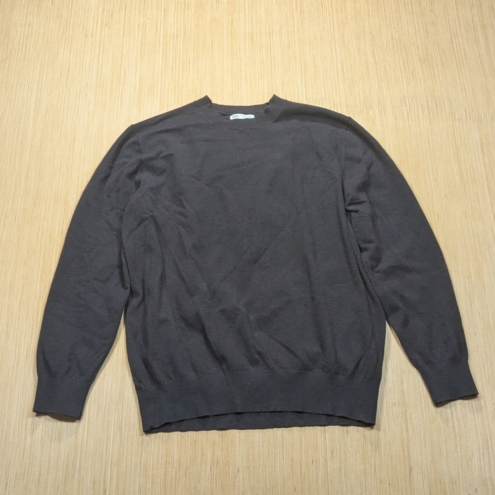 Zara Sweater Wool Blend Crew Neck Dark Brown Pullover Preppy Classic‎ Men's XL